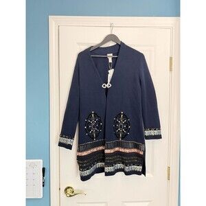Chicos Cardigan Sweater Embellished Elektra Long Duster Size 1 Navy